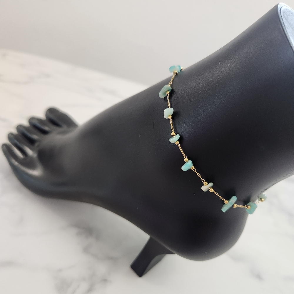 Minimalist Dainty Green Stone Stainless Steel Gold Plated Anklet - Picture 7 of 15